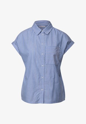Blå- og hvidstribet kortærmet skjorte med krave, knapfront og en enkelt brystlomme med vandrette striber.