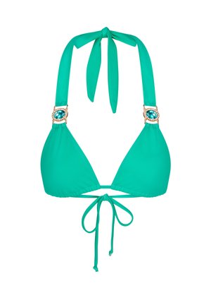 Top bikini turchese con coppe triangolari, laccetti al collo e hardware in pietra preziosa turchese con accenti dorati sulle spalline.