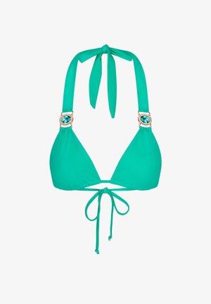 Haut de bikini turquoise avec des bonnets triangulaires, des liens autour du cou, et des accessoires en pierre précieuse turquoise rehaussés d'or sur les bretelles.