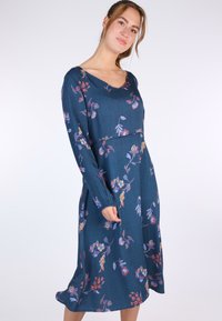 Langarmkleid in dunkeltürkis mit Blumenmustern. Verfügt über einen V-Ausschnitt, eine taillierte Taille und einen fließenden Saum für einen lässigen Sitz.