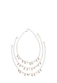 Collana a strati di tonalità oro con design a catena di perline. Presenta ciondoli a forma di foglia e dettagli in cristallo sfaccettato. Lunghezza regolabile per una personalizzazione.