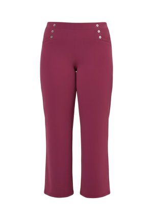 Pantaloni bordeaux a vita alta con gamba dritta e dettagli con bottoni frontali vicino alla vita, realizzati in tessuto strutturato.