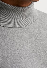 Pull à col roulé gris avec un col côtelé, présentant une texture douce et lisse ainsi qu'une coupe ajustée, mettant en valeur le tissage du tissu.