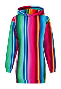 Hoodie mit mehreren Farben und breiten horizontalen Streifen in Pink, Blau, Grün und Rot. Verfügt über eine geräumige Kapuze und lange Ärmel. Weicher Stoff.