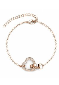 Bracciale in oro rosa con design a forma di cuore decorato con cristalli trasparenti e una chiusura, catena a maglie texture per flessibilità.