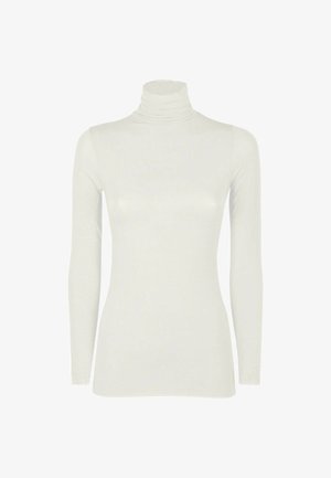 Maglia bianca a maniche lunghe aderente con collo alto leggermente arricciato su sfondo neutro.