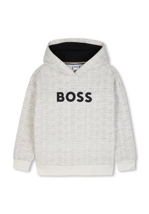 Sweat à capuche gris clair texturé avec doublure intérieure de la capuche noire et texte noir gras "BOSS" sur la poitrine, poignets et ourlet élastiques.
