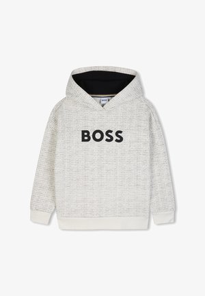 Lichtgrijze textuur hoodie met zwarte binnenvoering van de capuchon en opvallende zwarte "BOSS" tekst op de borst, elastische manchetten en zoom.