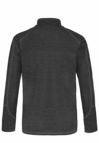 Pullover in pile grigio scuro con colletto alto, maniche lunghe e cuciture piatte. Presenta una texture liscia e nessun motivo o hardware visibile.