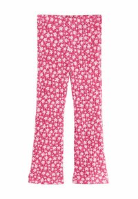 Rosa ausgestellte Hosen aus geripptem Stoff mit verstreuten weißen Blumenmustern. Elastischer Bund, weiche Textur und mittelhoher Schnitt.