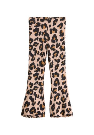 Pantalon évasé pour enfants à imprimé léopard avec des taches noires et brunes sur fond beige, en tissu côtelé, avec des ourlets festonnés.