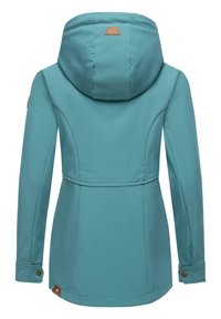 Soehene teal värvi väljakutse jacket kapuutsiga, millel on kohandatud disain, nuppudega mansetid ja pruun logo aktsent seljal. Sile tekstuur.