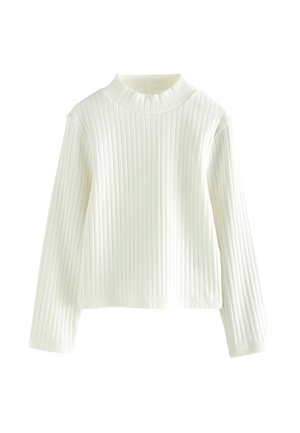 Haut côtelé à manches longues de couleur blanche unie. Il possède un col haut et une longueur courte, fabriqué en tissu doux et extensible.