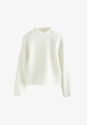 Rippenshirt mit langen Ärmeln in reinem Weiß. Hat einen hohen Kragen und eine kurze Länge, gefertigt aus weichem, dehnbarem Stoff.