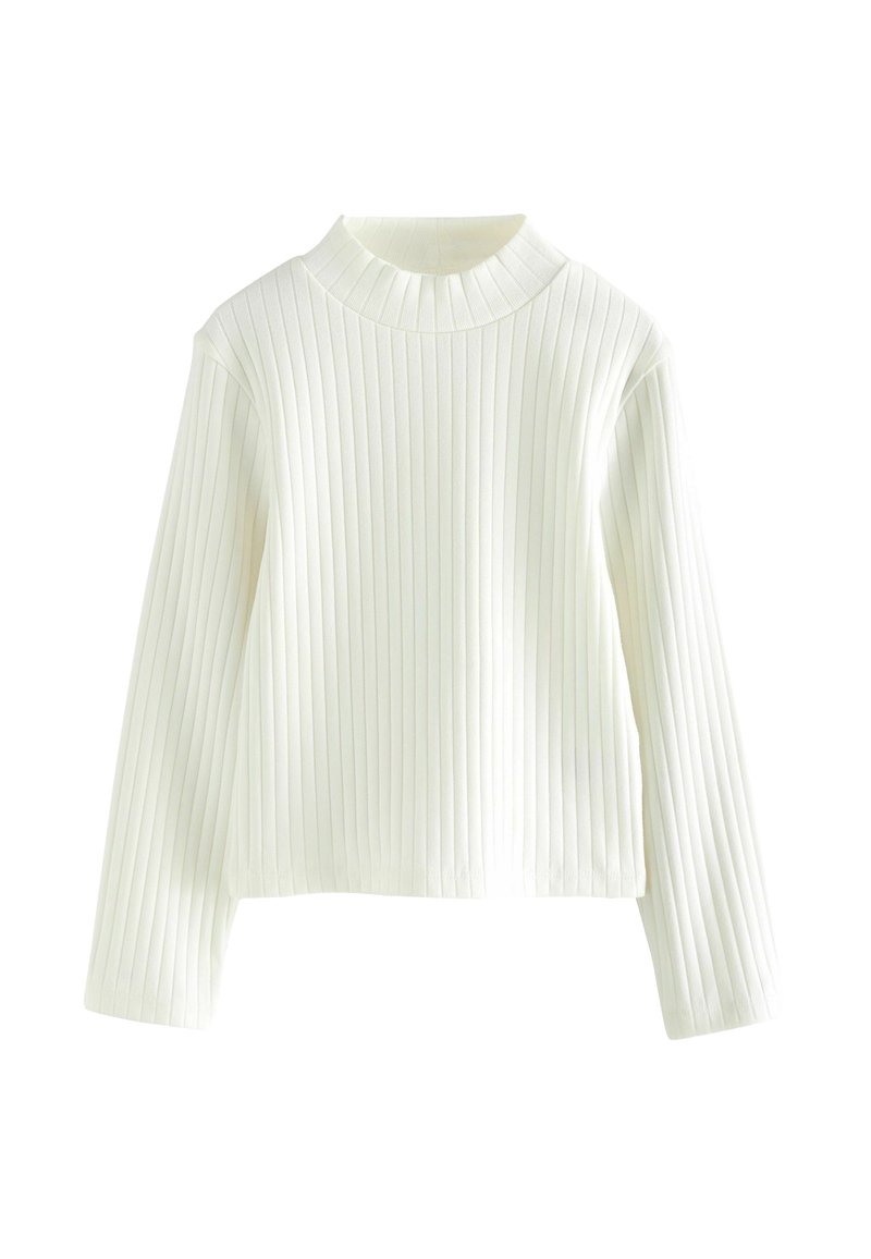 Ribbed, long-sleeve top in solid white. Features a high neck and cropped length, made from soft, stretchable fabric.