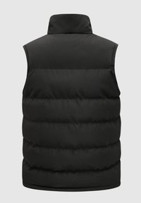Veste sans manches noire matelassée avec col haut et rembourrage matelassé horizontal vue de dos sur un fond uni.