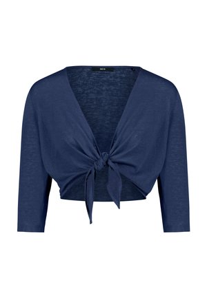 Marineblauw cropped vest met driekwart mouwen en een knoopsluiting aan de voorkant.