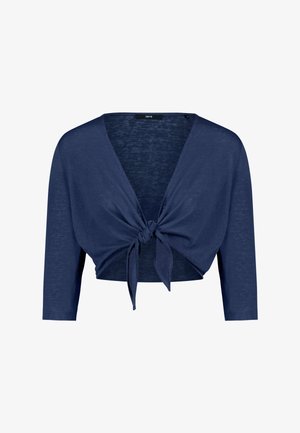 Marineblauw cropped vest met driekwart mouwen en een knoopsluiting aan de voorkant.