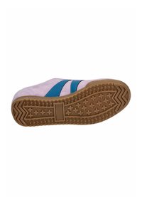 Suede sneaker sole in pink with blue stripes. Textured rubber outsole features zigzag and cross patterns for grip.