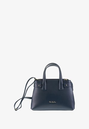 Borsa in pelle blu navy con doppie maniglie, tracolla rimovibile, forma strutturata, hardware dorato e dettaglio del logo sulla parte anteriore.