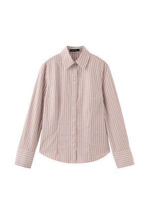 Chemise à manches longues boutonnée avec de fines rayures verticales blanches et marron, col pointu et larges poignets.