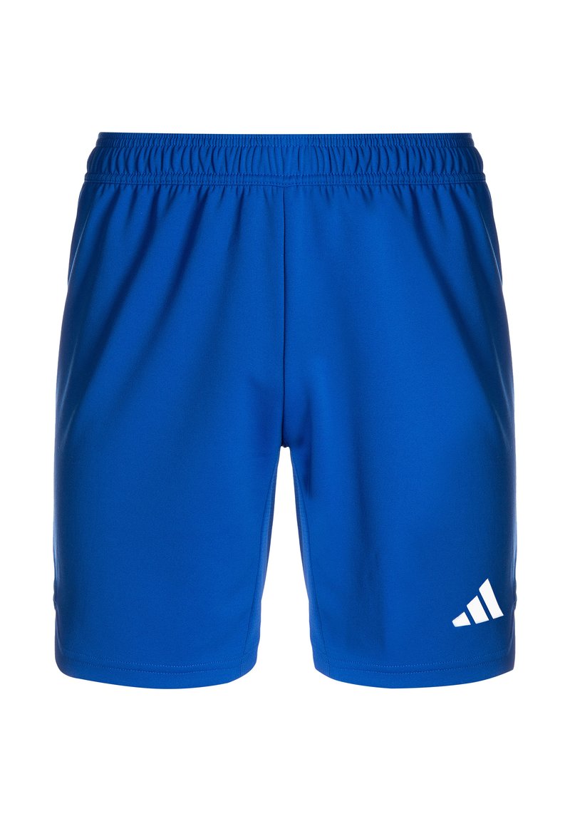Blaue Sportshorts mit elastischem Bund, aus synthetischem Material hergestellt. Mit einem weißen Adidas-Logo auf der unteren rechten Seite.