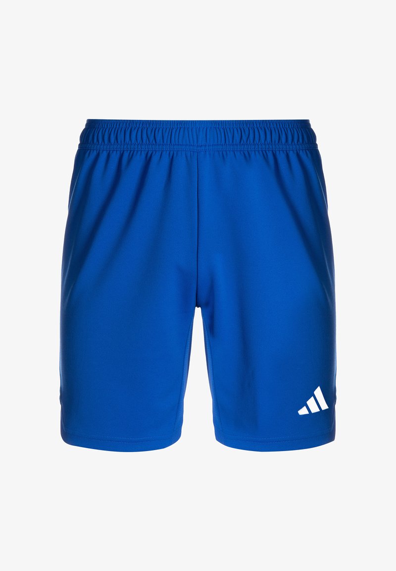 Blaue Sportshorts mit elastischem Bund, aus synthetischem Material hergestellt. Mit einem weißen Adidas-Logo auf der unteren rechten Seite.