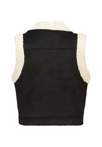 Zwarte mouwloze vest met een zachte, witte, fuzzy kraag en zijaccenten, met een gladde textuur en een getailleerd ontwerp.