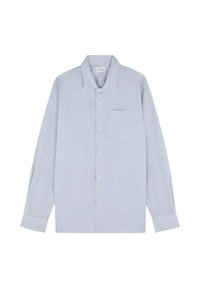 Camisa de manga larga a rayas azul claro con cuello abotonado, bolsillo frontal y rayas verticales. Fabricada con un tejido suave.