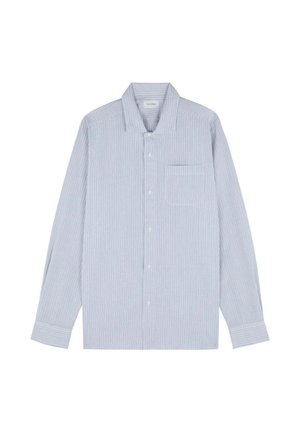 Hellblau gestreiftes Langarmhemd mit Button-Down-Kragen, Brusttasche und vertikalen Nadelstreifen. Hergestellt aus einem weichen Stoff.