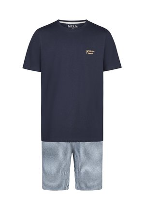 Navy blue short-sleeve shirt with "go to the beach" text and blue and white striped shorts matching the casual summer outfit.