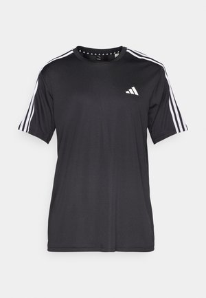 Black short-sleeve t-shirt with white three-stripe design on shoulders and logo on the chest. Made from breathable fabric, smooth texture.