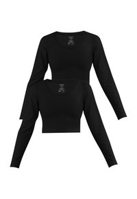 Schwarze, langärmelige Cropped Tops aus weichem Stoff. Mit Rundhalsausschnitt und figurschmeichelndem Oberteil. Zwei identische Tops angezeigt.