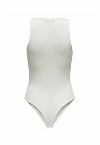 Hvid, ærmeløs bodysuit med høj hals og højt skårne ben, lavet af glat, strækbart stof med en tætsiddende pasform.