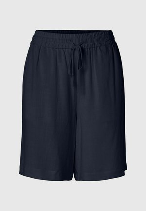 Navy blue shorts with an elastic waistband and adjustable drawstring. Made of lightweight fabric, featuring a relaxed fit and straight leg design.