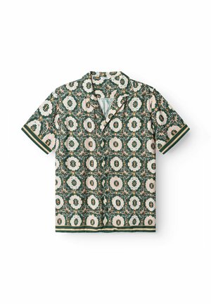 Kurzärmeliges Hemd zum Knöpfen mit grünem, beigem und orangefarbenem geometrischem Blumenmuster sowie gestreiften Manschetten und Saum.