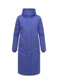 Long, blue padded winter coat with high collar, full front closure, long sleeves, and side pockets.