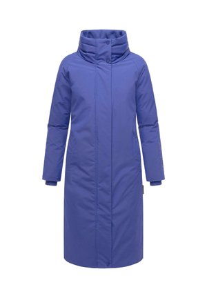 Manteau d'hiver long et rembourré bleu avec col montant, fermeture frontale complète, manches longues et poches latérales.