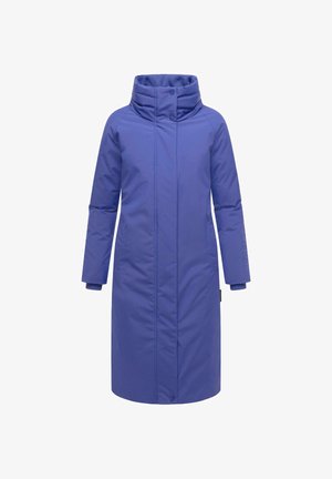 Lang, blauwe gewatteerde winterjas met hoge kraag, volledige sluiting aan de voorkant, lange mouwen en zijzakken.