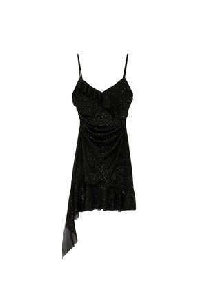 Sort ærmeløs minikjole med tynde stropper, flæsekrave, asymmetrisk kant og sølvplettet mønster over det hele.