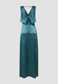 Długa sukienka maxi z satyny w kolorze morskim, z głębokim dekoltem w serek, warstwowym gorsetem i pofałdowaną fakturą. Charakteryzuje się luźną sylwetką i odkrytymi plecami z wiązaniami.