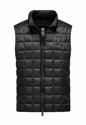Zwarte, mouwloze gewatteerde vest met een gestikt ontwerp, volledige ritssluiting aan de voorkant en hoge kraag. Gemaakt van glanzend, lichtgewicht materiaal.