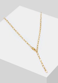 Goldene Kettenhalskette mit länglichen Gliedern und einem Karabinerverschluss, Y-förmiges Design. Glatte Oberfläche und glänzende Ausführung.