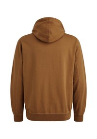 Sudadera con capucha marrón de corte holgado, mangas largas, puños y dobladillo acanalados, hecha de una suave tela texturizada. Vista trasera mostrada.