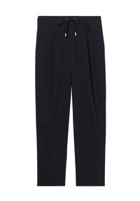 Pantalons noirs avec une taille à cordon de serrage, présentant une texture lisse, un design à jambe droite, sans motifs ni accents visibles.