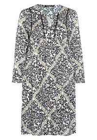 Robe à imprimé léopard noir et blanc avec des motifs d'accent vert, un décolleté en V, des manches trois-quarts et une coupe décontractée.