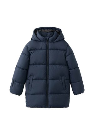 Veste matelassée bleu marine avec capuche, fermeture éclair intégrale à l'avant et deux poches latérales, conçue pour temps froid.