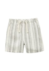 Beige og grå lodrette stribede shorts med elastisk talje og snøre, der har sidelommer, på en hvid baggrund.