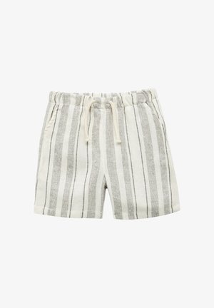 Shorts rayés verticaux beige et gris avec taille élastique et cordon de serrage, dotés de poches latérales, sur un fond blanc.