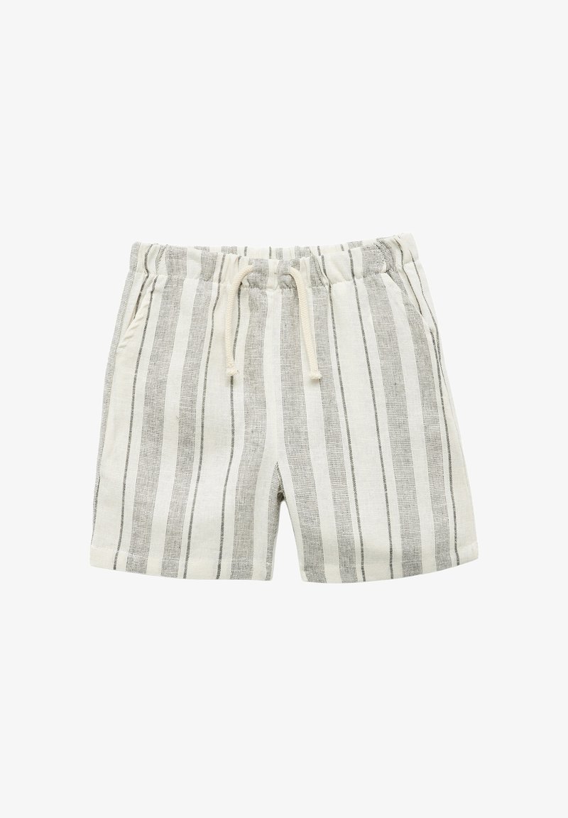 Beige and gray vertical striped shorts with elastic waistband and drawstring, featuring side pockets, on a white background.